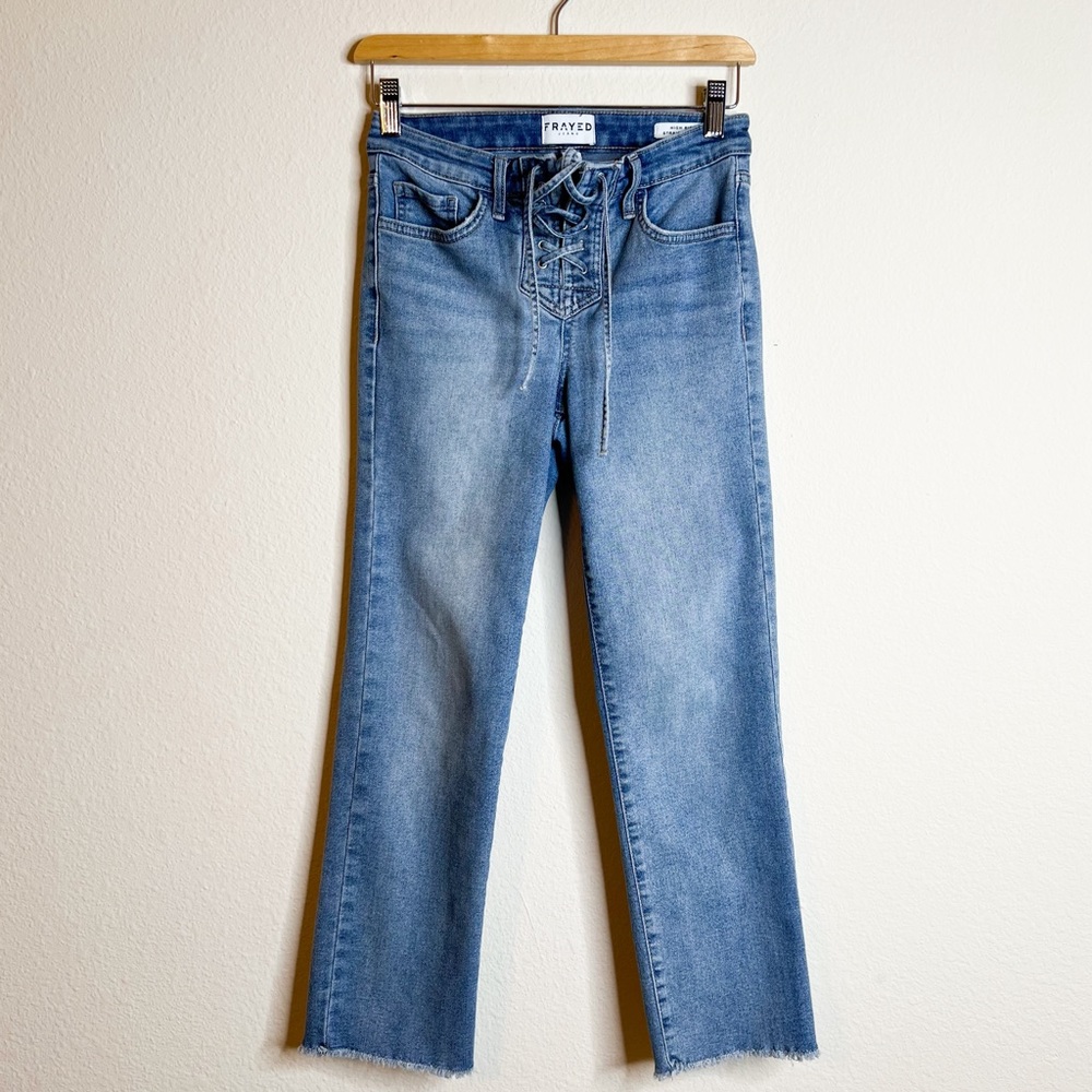 FRAYED High Rise Straight Crop Denim Blue Jeans